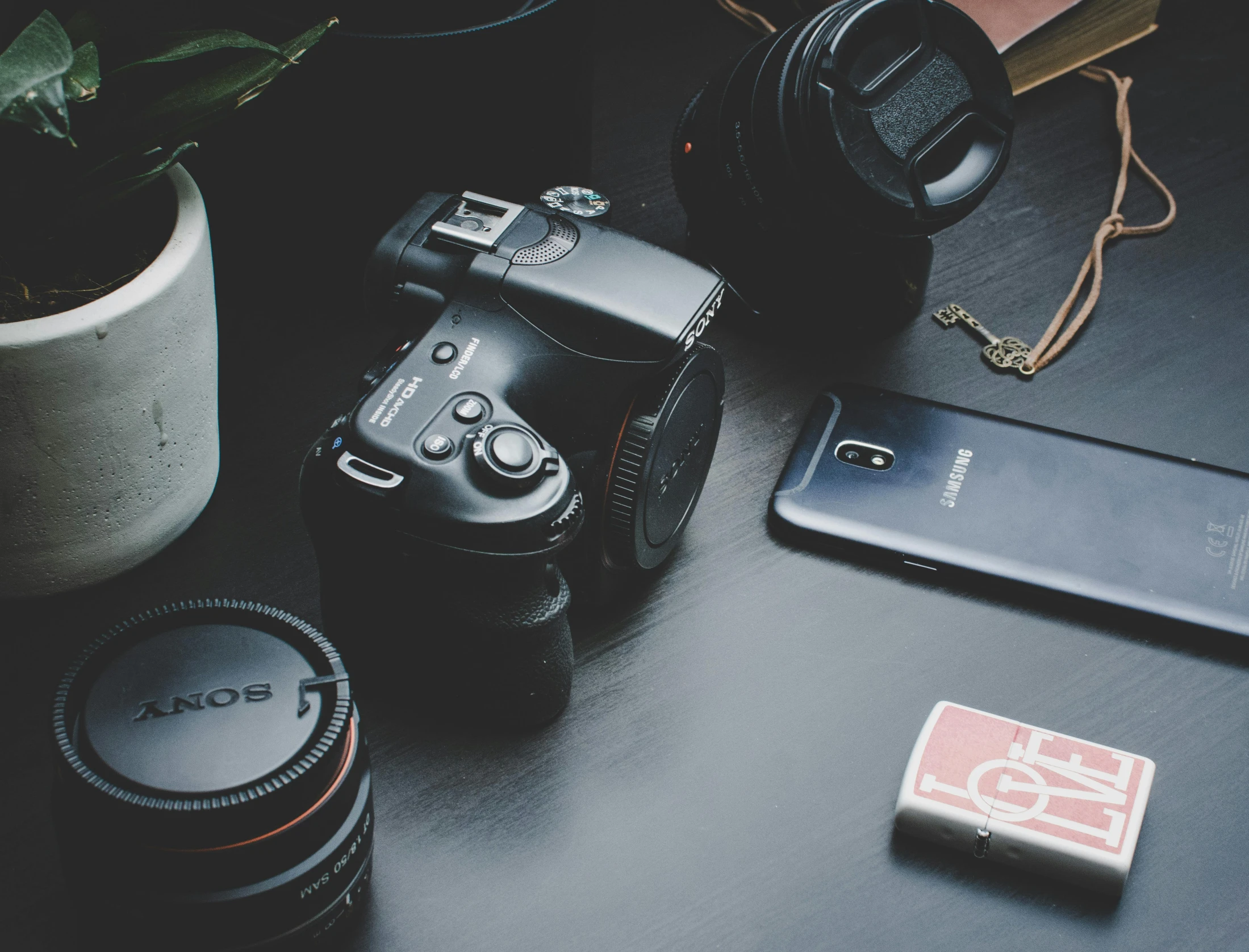 a camera sitting on top of a table next to a plant, a picture, trending on pexels, miscellaneous objects, sony a7, various posed, android close to camera