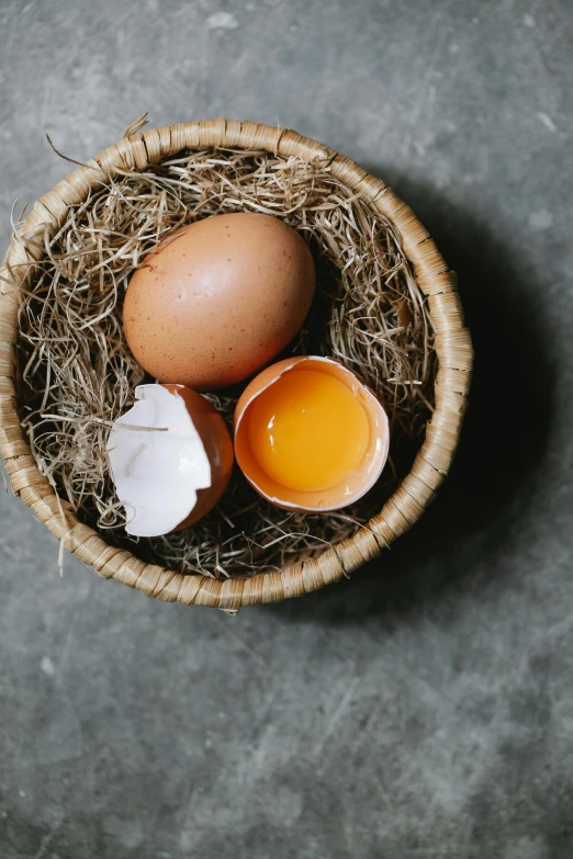 a basket filled with eggs sitting on top of a table, by Jan Tengnagel, trending on unsplash, renaissance, high angle close up shot, multiple stories, high quality product photo, malaysian