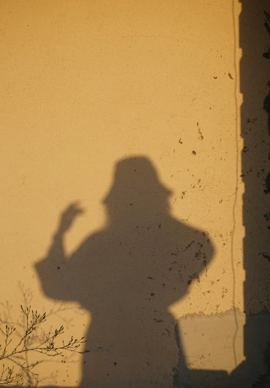 a shadow of a person holding a cell phone, inspired by Vivian Maier, unsplash, graffiti, caracter with brown hat, photograph”