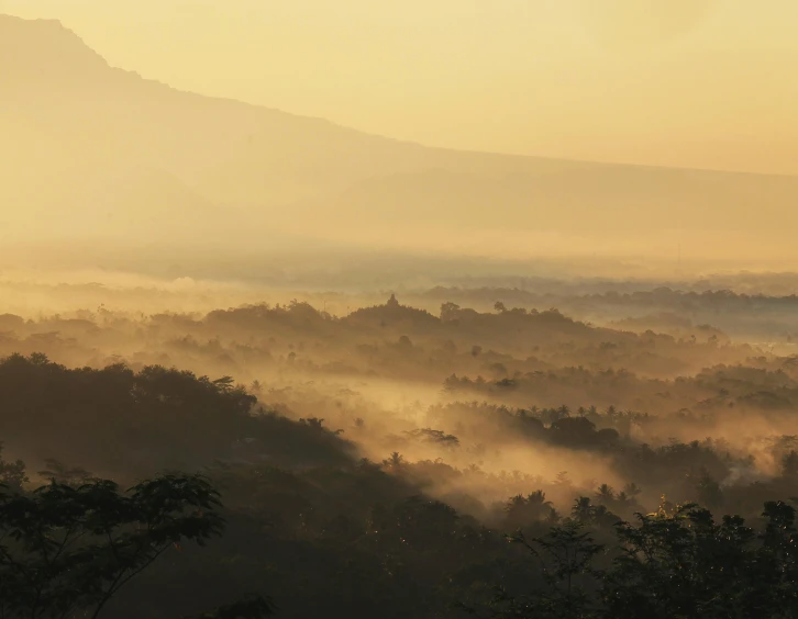 a view of a foggy valley with a mountain in the distance, pexels contest winner, sumatraism, warm light, bali, golden hues, grey