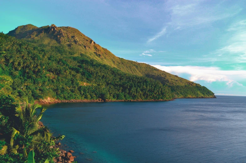 a large body of water next to a lush green hillside, by Carey Morris, pexels contest winner, sumatraism, island in a blue sea, conde nast traveler photo, brown, hestiasula head