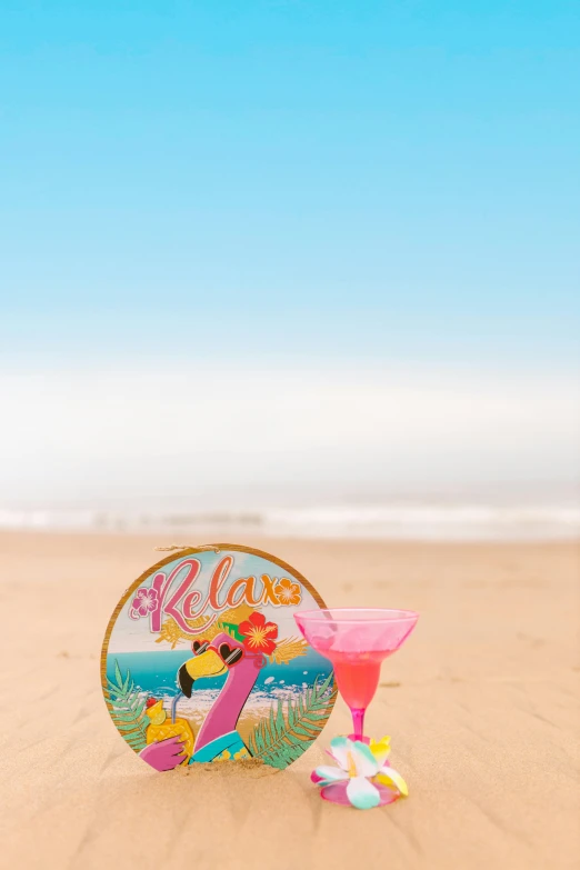 a pink drink sitting on top of a sandy beach, a picture, balloon, fan favorite, resin, uncropped