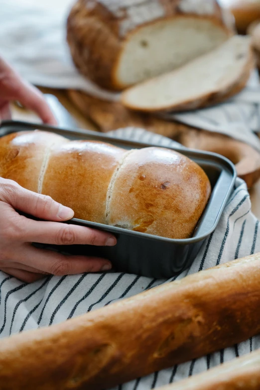 a person holding a loaf of bread in a pan, sleek curves, creterion collection, carefully crafted, base