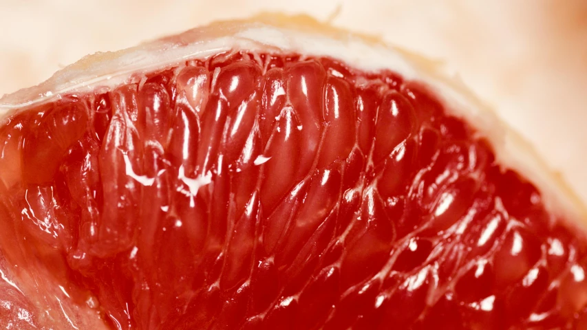 a close up of a grapefruit cut in half, by Julian Allen, covered in organic flesh meat, red fluid, shiny crisp finish, extra crisp image