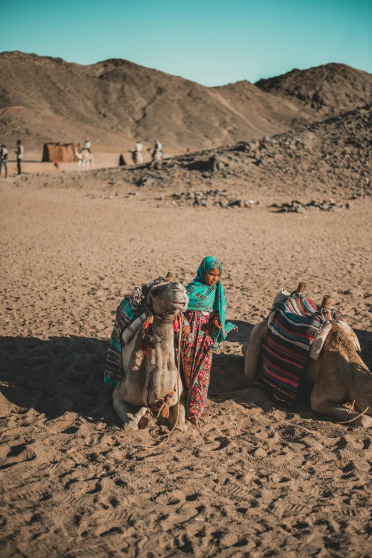 two camels sitting next to each other in the desert, by Julia Pishtar, pexels contest winner, les nabis, egyptian clothes, bags on ground, girl walking in a canyon, on a village