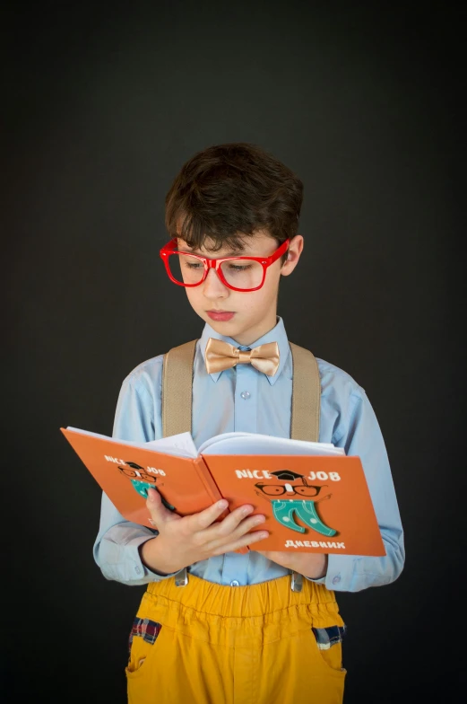 a boy with red glasses reading a book, inspired by Norman Rockwell, bowtie, coloured in blueberra and orange, medium-shot, academic clothing