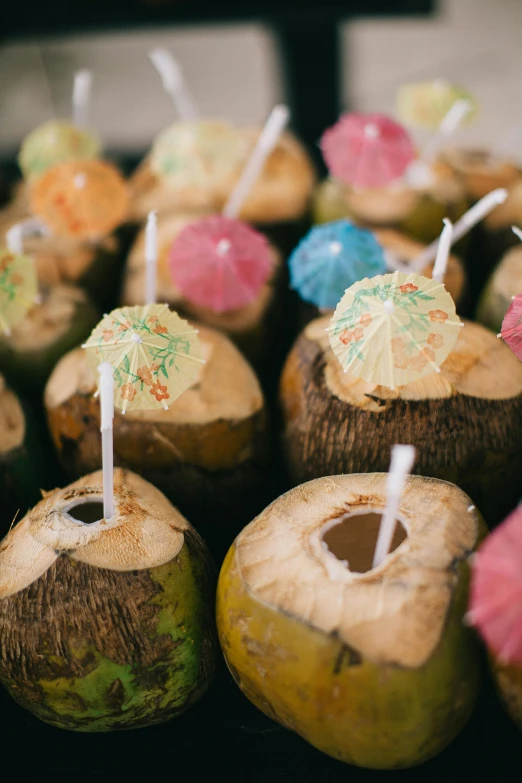 a close up of a bunch of coconuts with umbrellas, unsplash, renaissance, made of drink, square, decorations, in a row