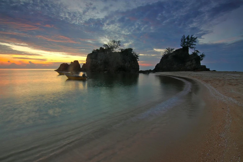 a boat sitting on top of a sandy beach, during a sunset, island with cave, award - winning photo ”, slide show