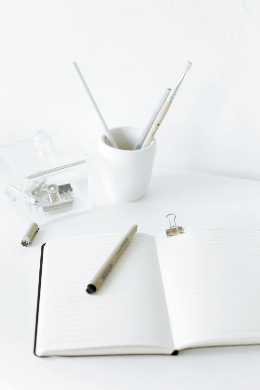 an open notebook sitting on top of a white table, silver accessories, sat at a desk, white background, grey