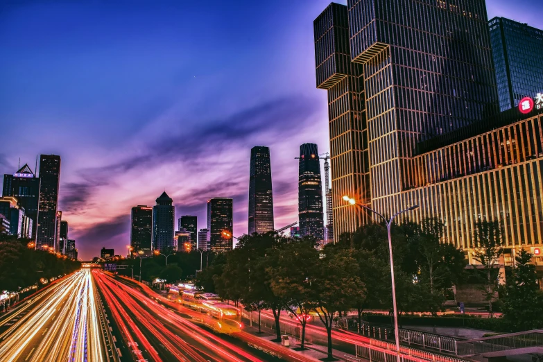 a city street filled with lots of traffic next to tall buildings, inspired by Cheng Jiasui, pexels contest winner, twilight skyline, mies van der rohe, beijing, youtube thumbnail