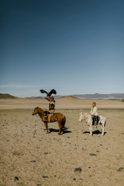 a couple of people riding on the backs of horses, an album cover, unsplash contest winner, mongolia, square, distant full body view, high quality photo