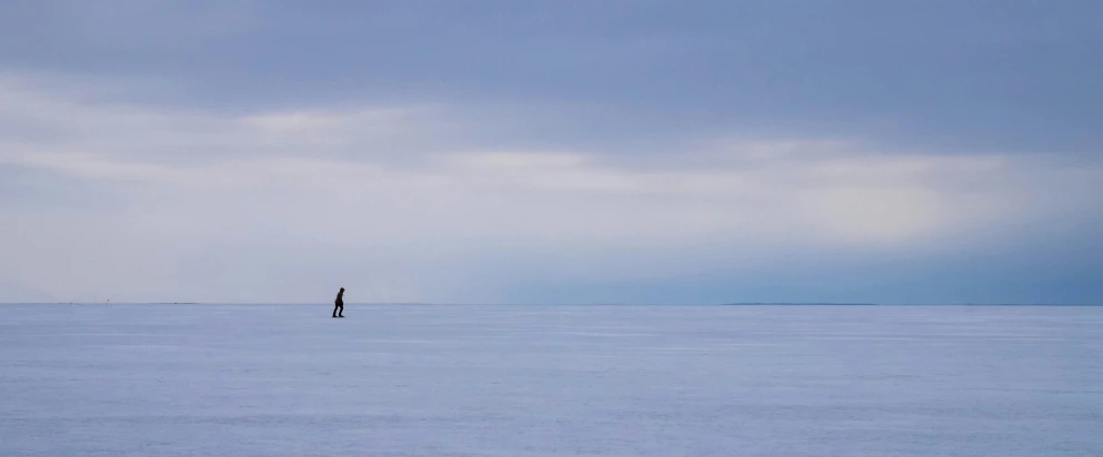 a lone person walking across a snow covered field, inspired by Scarlett Hooft Graafland, unsplash contest winner, minimalism, looking out over the sea, blue gray, ice seracs, fishing