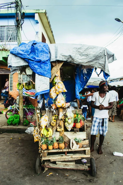 a man standing in front of a fruit stand, jamaican vibe, square, markets, mobile