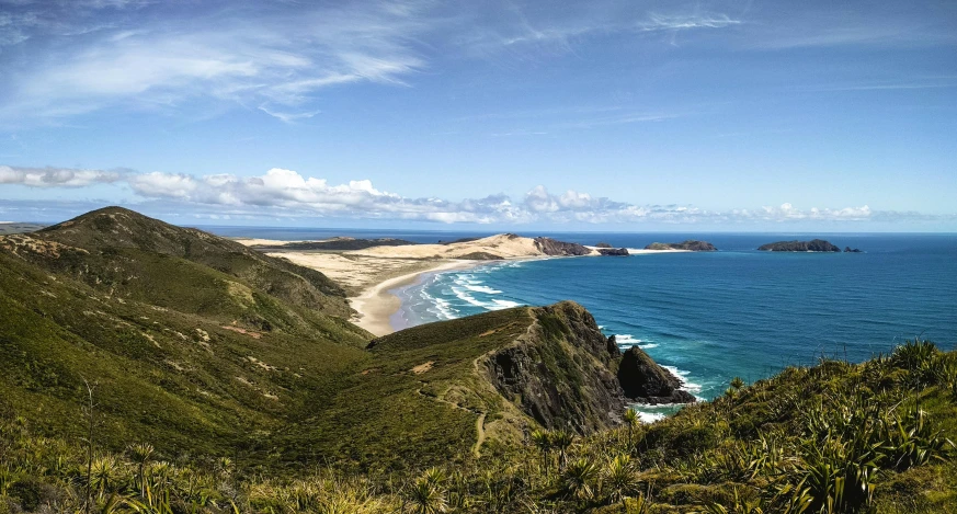 a view of a beach from the top of a hill, by Peter Churcher, pexels contest winner, hurufiyya, kahikatea, profile image, panorama, instagram post