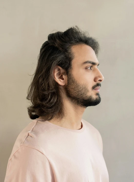 a man with long hair wearing a pink shirt, inspired by Ismail Acar, profile image, non binary model, lean man with light tan skin, protruding chin