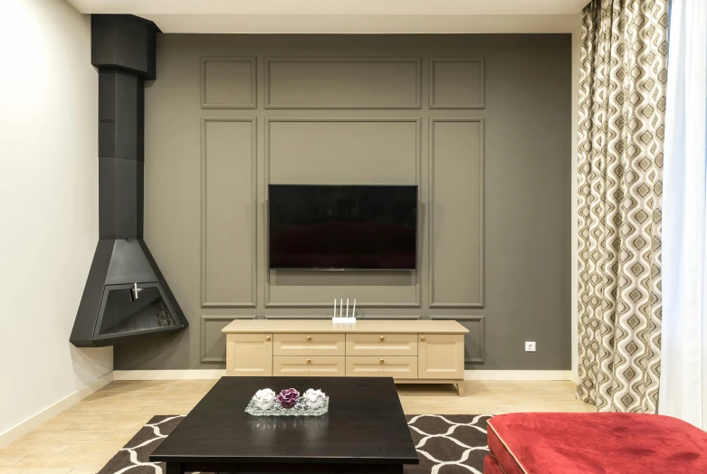 a living room filled with furniture and a flat screen tv, by Adam Marczyński, pexels contest winner, art nouveau, irori fireplace, flat grey, olive green and venetian red, modern minimalist f 2 0