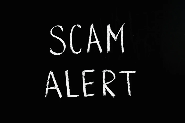 a hand writing scam alert on a blackboard, a poster, by Sam Black, pixabay, damask, foil, 1024x1024, cartoon image