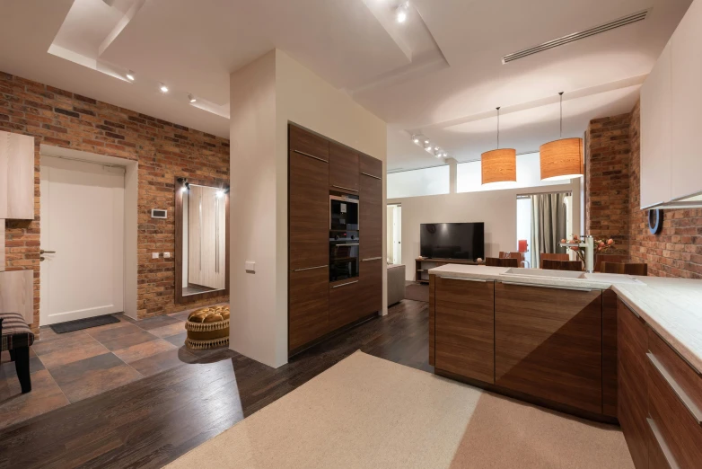 the kitchen is clean and ready for us to use, by Alexander Brook, pexels contest winner, light and space, apartment hallway, brown:-2, high - definition picture, big open floor 8 k