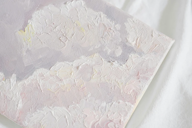 a close up of a painting on a white surface, a detailed painting, inspired by Yanjun Cheng, process art, light pink clouds, textured base ; product photos, gray canvas, up there