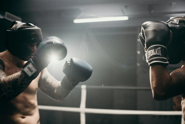 a couple of men standing next to each other in a boxing ring, pexels contest winner, thrusters, lachlan bailey, buffed, lit from the side