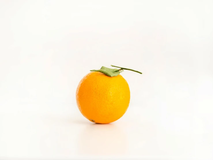an orange with a leaf on top of it, miniature product photo, vespertine, semi naive, without text