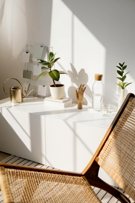 a chair sitting on top of a wooden floor next to a window, trending on unsplash, light and space, plants in beakers, golden sunlight, cream and white color scheme, detailed product image