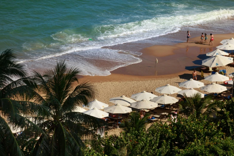 a beach filled with lots of umbrellas next to the ocean, renaissance, lush surroundings, red sand, breakfast, icon