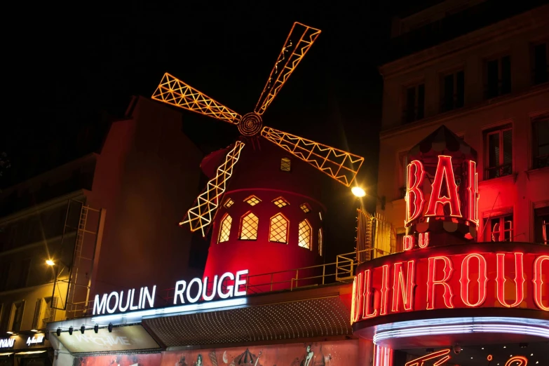 a building that has a windmill on top of it, pexels contest winner, art nouveau, red neon lights inside it, amelie poulain, square, 15081959 21121991 01012000 4k