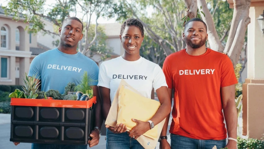 a couple of men standing next to each other, logo for lunch delivery, mkbhd, full body hero, a group of people