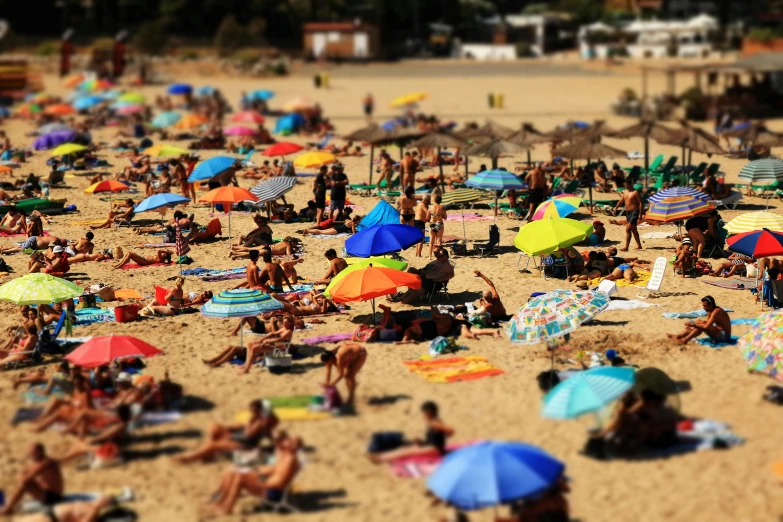 a large group of people sitting on top of a sandy beach, a tilt shift photo, by Daniel Lieske, unsplash, photorealism, umbrellas, 1024x1024, ilustration, vibrant realistic