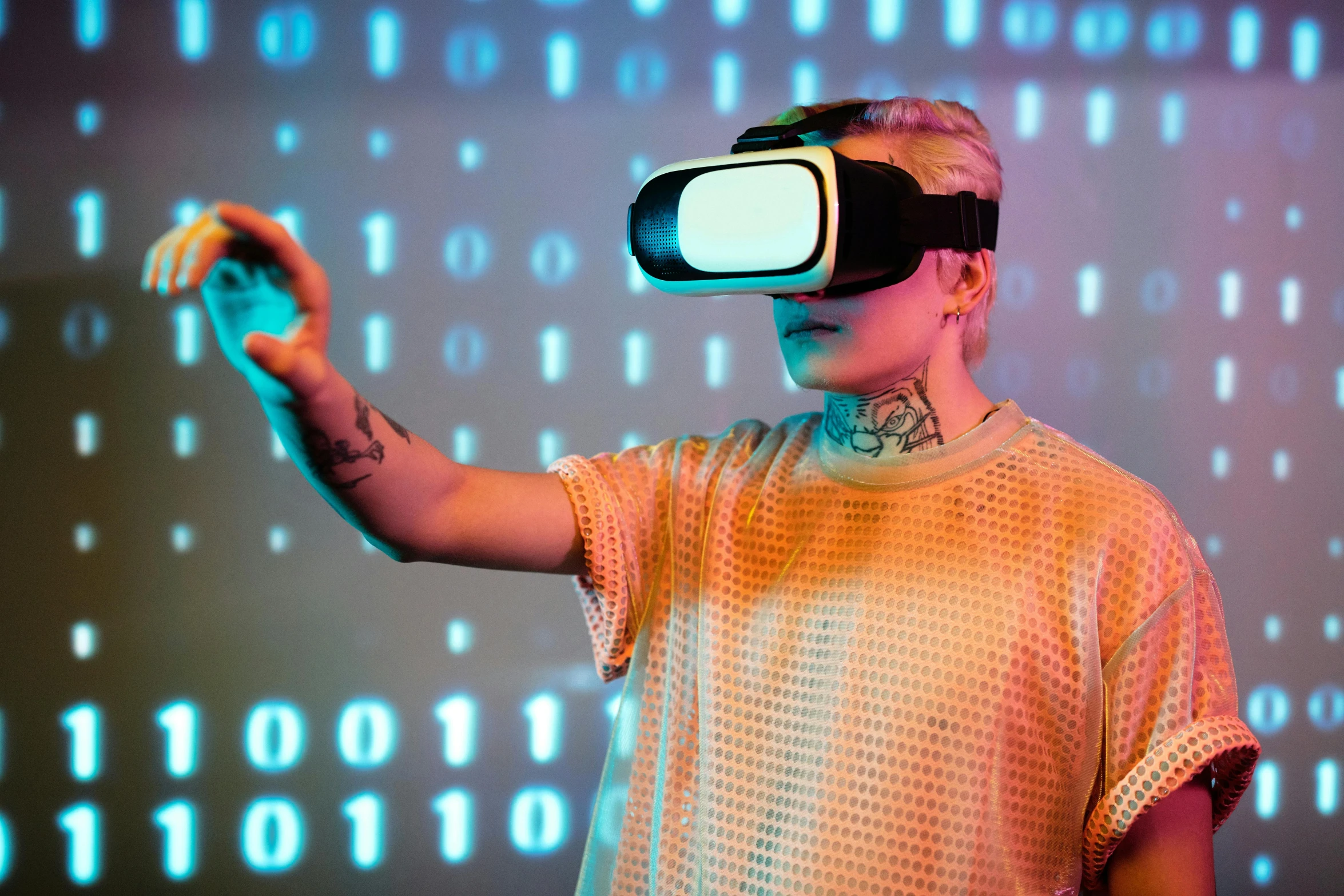 a woman wearing a virtual reality headset, a hologram, by Joe Bowler, shutterstock, wearing cyberpunk streetwear, slightly pixelated, 2 0 0 0's photo, instagram post