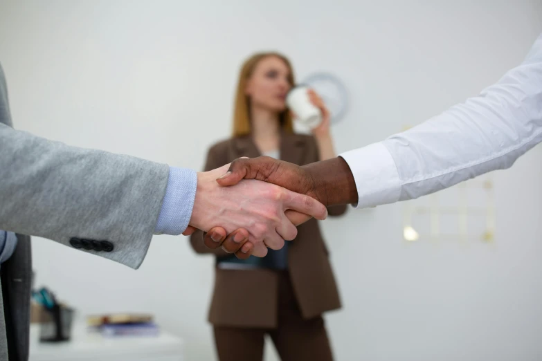 a close up of two people shaking hands, private press, gradient brown to white, in meeting together, dan mumfor, 8k octan photo