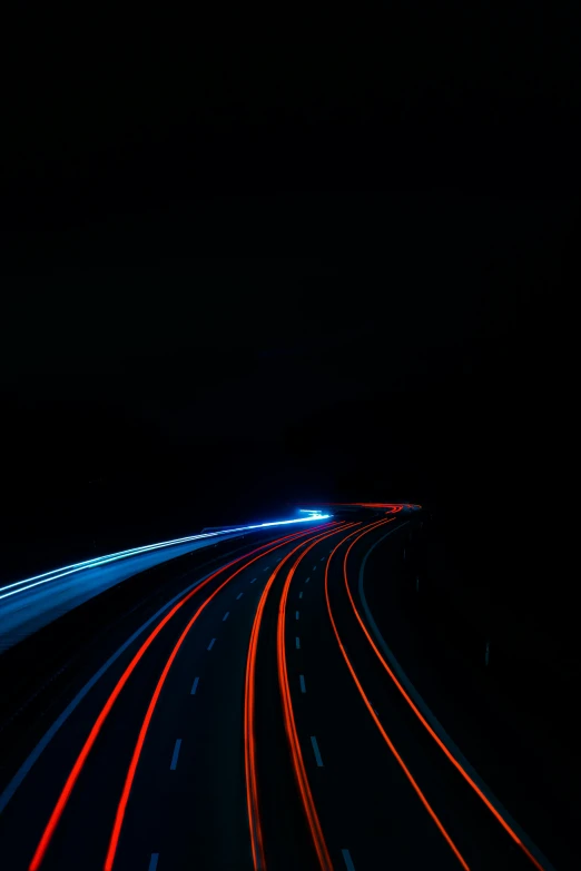 a long exposure photograph of a highway at night, unsplash, digital art, blue and orange rim lights, phone photo, black, uploaded