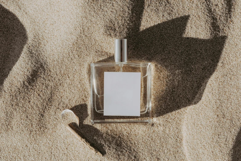 a bottle of perfume sitting in the sand, detailed product image, ignant, beautifully daylight, rectangle