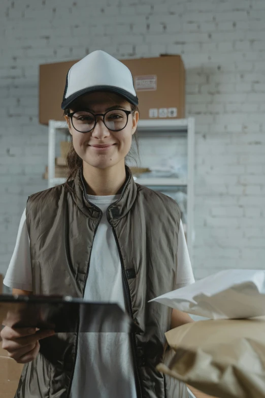 a woman that is standing in a room, wearing a baseball cap, delivering mail, wearing round glasses, ecommerce photograph