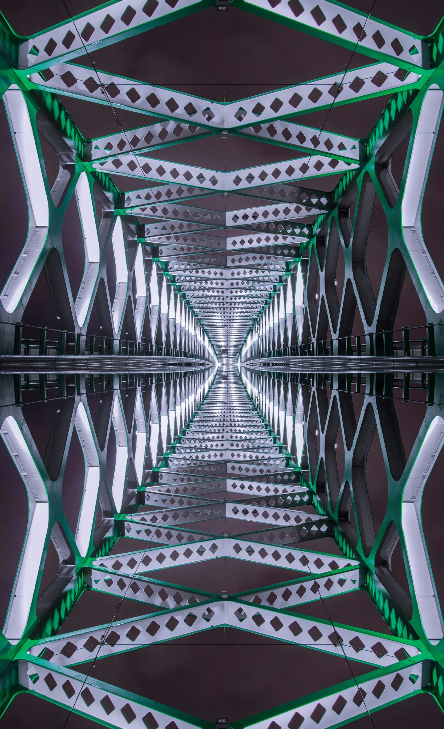 a reflection of a bridge in the water, an album cover, inspired by Alexander Rodchenko, pexels contest winner, light and space, symmetric lights, green lights, highly detailed symmetry, howrah bridge