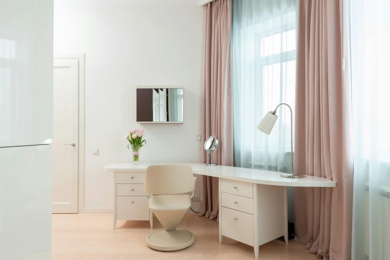 a room with a desk and a chair in it, inspired by Wilhelm Hammershøi, pexels contest winner, light and space, white and pink, alizarin curtains, neo kyiv, elegant up to the elbow