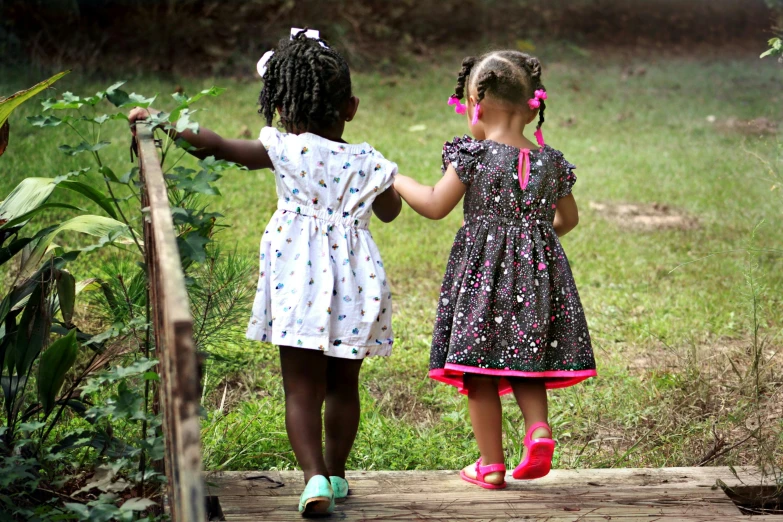 two little girls walking across a wooden bridge, by Lucia Peka, pexels, african american girl, multicoloured, good friends, ivory and ebony