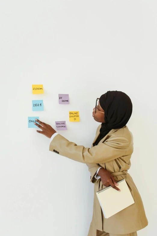 a woman standing in front of a wall with sticky notes on it, muslim, with a white background, performing, monthly