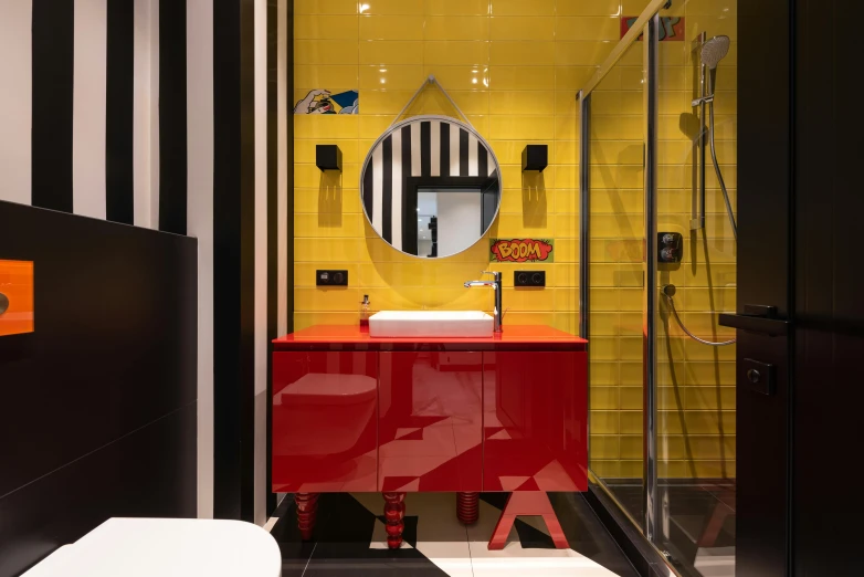 a bath room with a toilet a sink and a mirror, inspired by Wes Anderson, unsplash contest winner, de stijl, black and yellow and red scheme, neo kyiv, profile image, lacquered glass