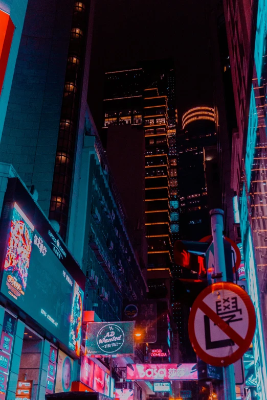 a busy city street at night with neon signs, inspired by Liam Wong, pexels contest winner, hong kong buildings, sci - fi scene future new york, low quality photo, street signs