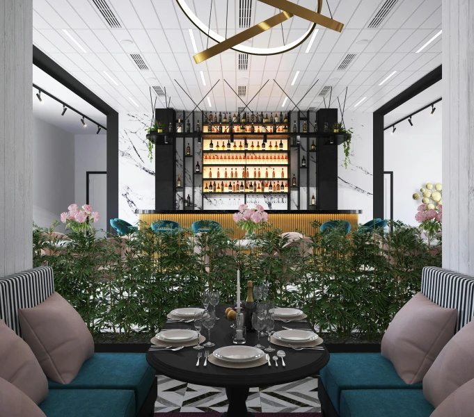 a living room filled with furniture and a bar, a 3D render, inspired by Constantin Hansen, with flowers and plants, gourmet restaurant, vray, trending on mentalray