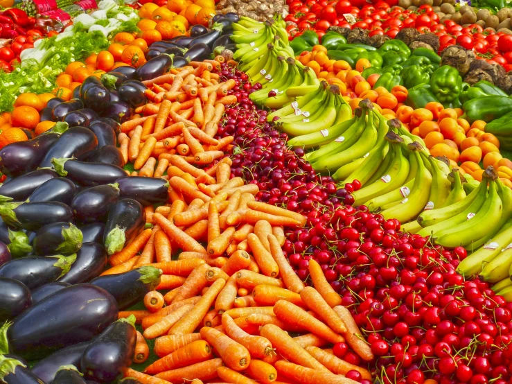 a display filled with lots of different types of fruits and vegetables, by Daniel Lieske, pexels, carrots, avatar image, 🦩🪐🐞👩🏻🦳, multi toned