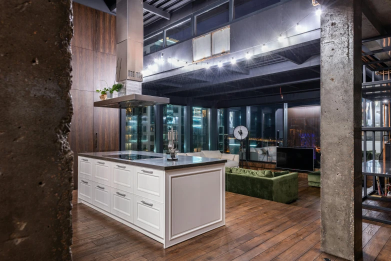 a kitchen with a stove top oven sitting on top of a wooden floor, inspired by david rubín, modernism, night view, neo kyiv, industrial space, behance lemanoosh