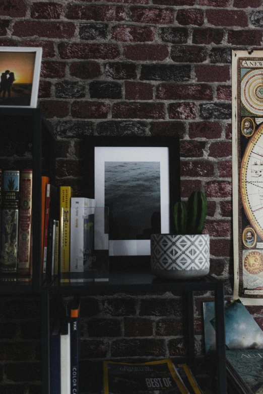 a clock sitting on top of a shelf next to a bookshelf, a picture, pexels contest winner, brick walls, photo of the middle of the ocean, digital matte black paper art, portrait photo