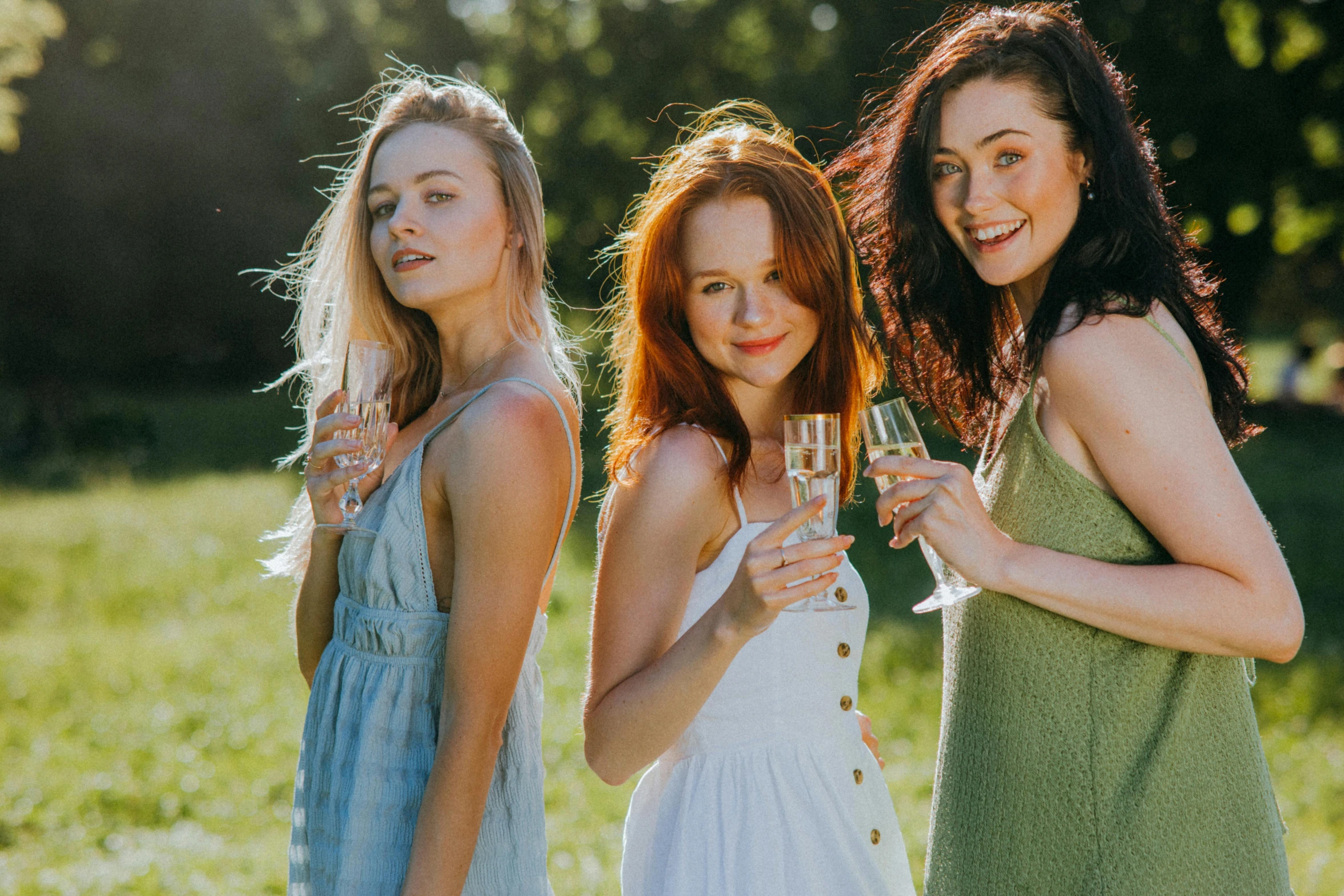 three women standing next to each other holding wine glasses, by Carey Morris, pexels contest winner, cute young redhead girl, having a picnic, different hair colours, champagne commercial