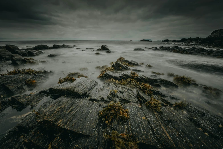 a rocky beach under a cloudy sky, unsplash contest winner, australian tonalism, an eerie whirlpool, sea weed, 4 k smooth, jagged blocks of stone