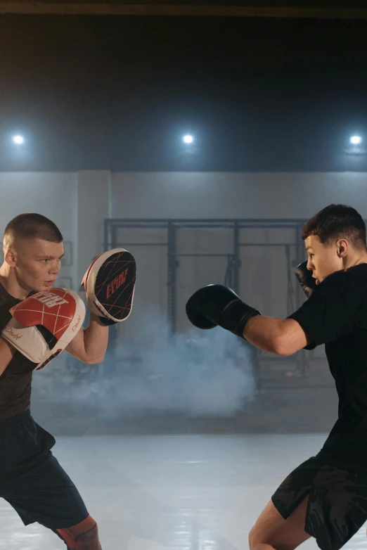 a couple of men standing next to each other with boxing gloves, an album cover, by Ilya Ostroukhov, in an action pose, training, music video, high school