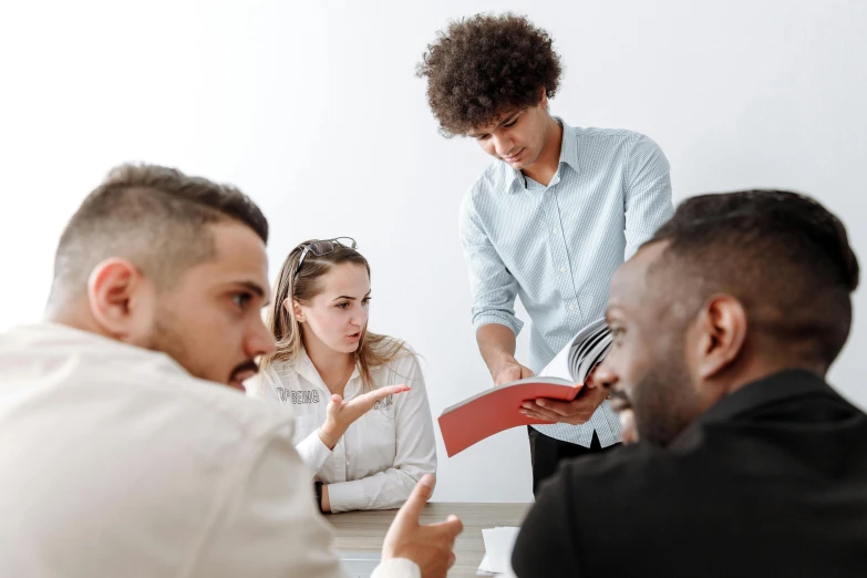 a group of people sitting around a table, arguing, book, diversity, thumbnail