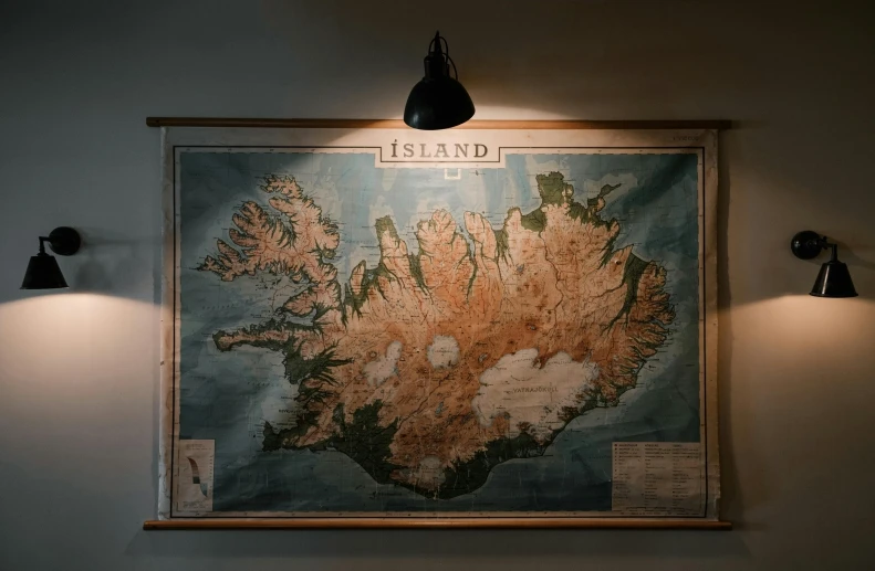 a map hanging on the wall of a restaurant, by Jesper Knudsen, unsplash contest winner, visual art, iceland, nightlight, ignant, really detailed